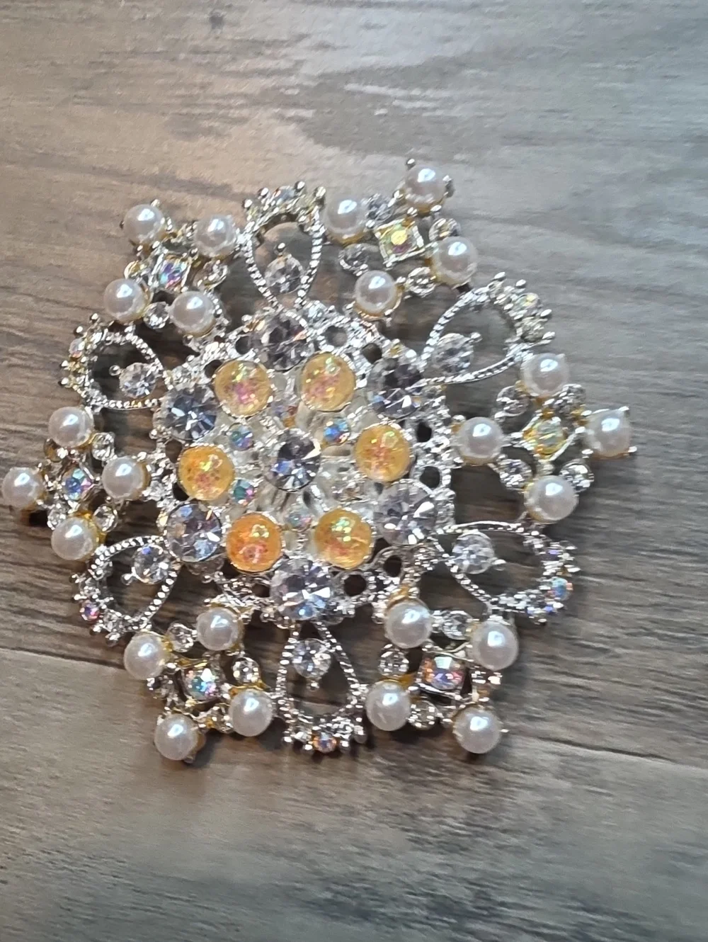Gold and Pearl Statement Brooch with Iridescent Crystals
